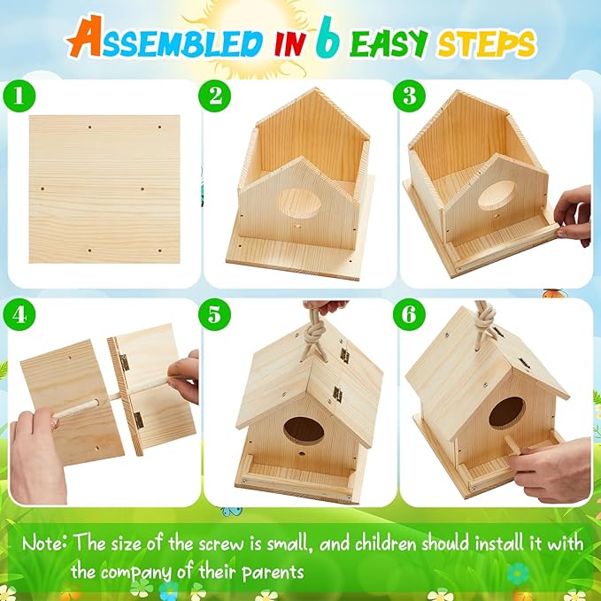 Liliful 16 Sets Wooden DIY Birdhouse Kit Unfinished Bird Houses with Paints and Paintbrushes Bird Feeder Craft Arts for Boy or Girl Classroom Activity and Christmas Kids Wooden Craft Gifts