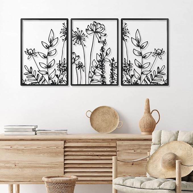 Therwen 3 Pcs Black Metal Wall Art Minimalist Wall Decor for Bedroom Flowers Decor Hanging Flower Bathroom Art Flower Line Sculpture Kitchen Decoration 16.5 x 9.8 Inch(Cute Style)