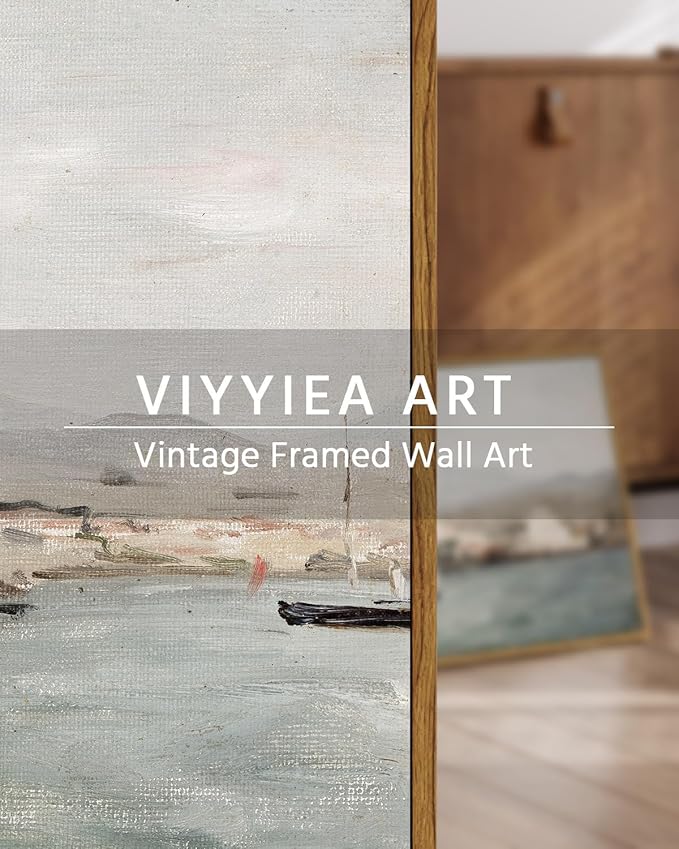 VIYYIEA Ocean Framed Wall Art, View of the Port Vintage Art Decor Room Aesthetic, 12x16 Inch Canvas Print Artwork, Sea Landscape Painting Wall Decor for Bedroom Bathroom Office