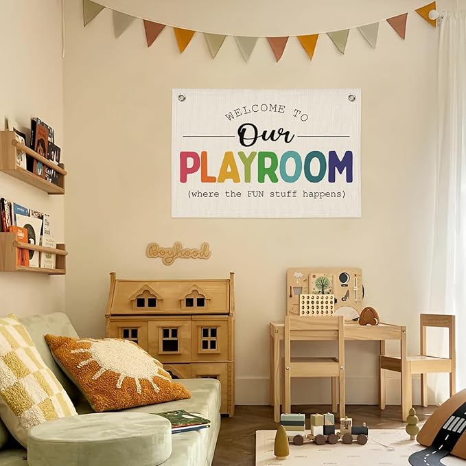 Playroom Wall Decor, Kids Room Decor Canvas Banner Wall Hanging Flag, Welcome To Our Playroom Banner, Classroom Decorations