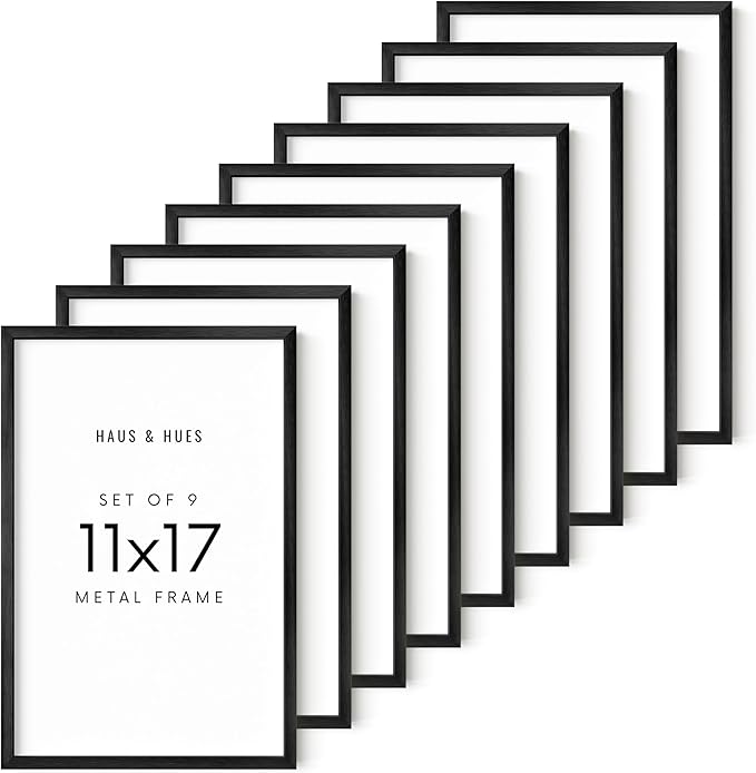 HAUS AND HUES 11x17 Black Metal Picture Frames - Features Premium Aluminum & Hanging Hardware, Shatterproof Plexiglass - Perfect for Home, Room, Office (11x17 in, Black, Set of 9)