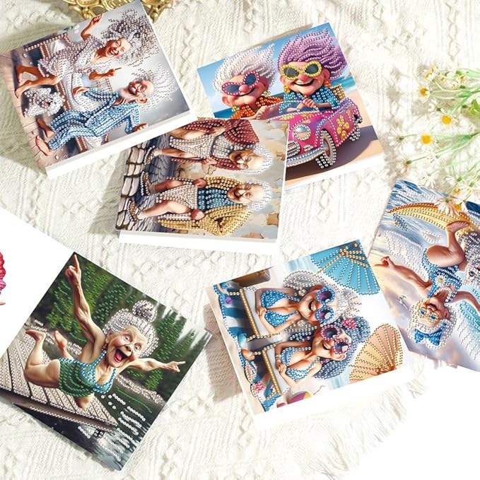 Ceitura 6Pcs DIY Diamond Art Painting Crafts Rhinestone Painting Greeting Card Making Kit Postcard for Holiday Christmas New Year Party Favors (Happy Old Lady)