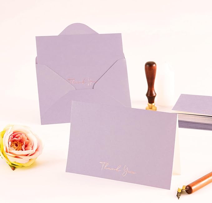 Crisky Purple Thank You Cards with Envelopes & Stickers， 50 Pack Lavender Bridal Shower Graduation Thank You Cards Small Business, Wedding Baby Shower Birthday Funeral Notes Bulk