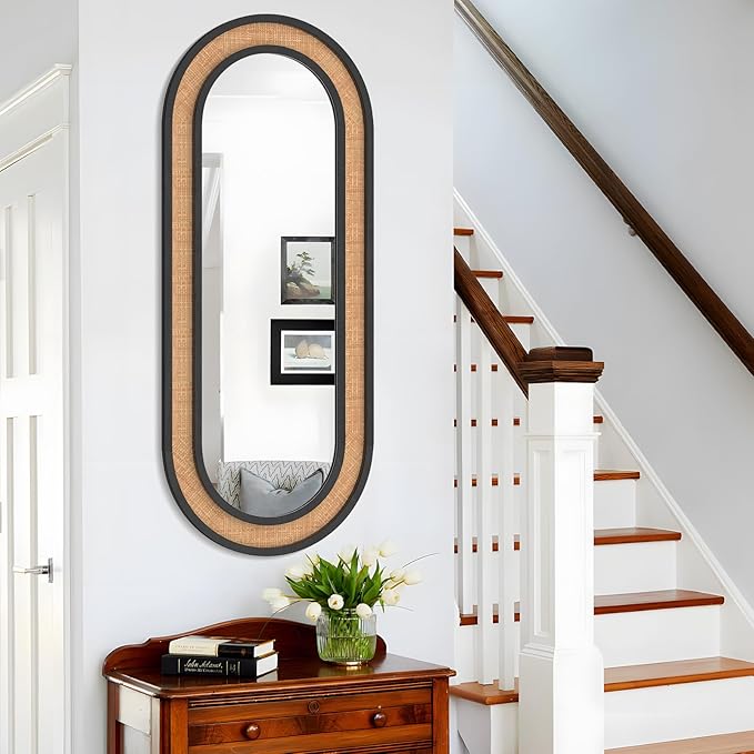 Rattan Wall Mirror with Wooden Framed Black Oval Bathroom Mirror 20 X 48 inch Farmhouse Wood Mirror for Modern Decorative Bathroom, Living Room, Entryway, Bedroom