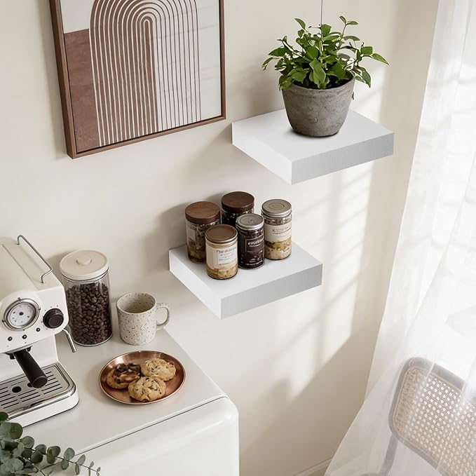 Floating Wall Shelves 6.8x6.8x1.7 Inch – Solid Wood Square Shelves in White Finish – Rustic Mini Display Shelves for Entryway, Bathroom, Small Spaces – Set of 2