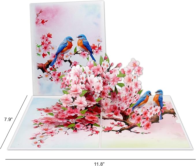 Cherry Blossom Flower Greeting Cards Pop Up 3D Gift for Happy Birthday, Anniversary, Thank you, Robin Bird All Occasions Mom Wife Grandma Grand Parent Couples Men Women