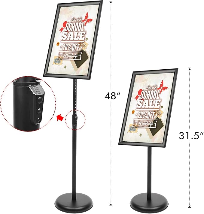 DISPLAYSWORKER Adjustable Poster Sign Stand 11 x 17,Floor-Standing Sign Holder with Heavy Duty Pedestal,Aluminum Snap-Open Frame , Vertical and Horizontal View Sign Displayed, Black (11 x 17)