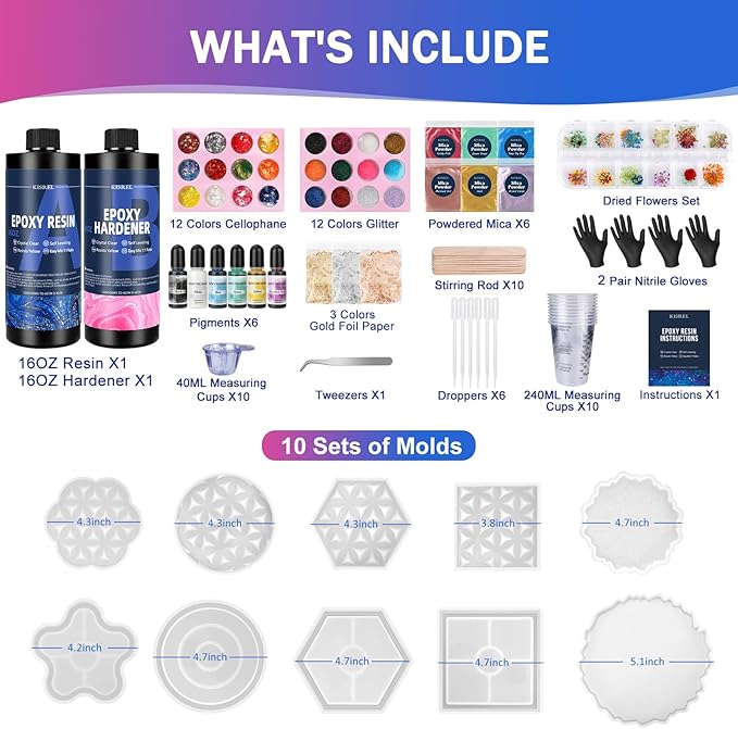 KISREL Epoxy Resin Kit for Beginners, 32oz Resin Kit with Coaster Molds, Complete Accessories Include Pigment, Mica Powders, Dried Flowers, Glitter, Measuring Cups and Other Resina Supplie