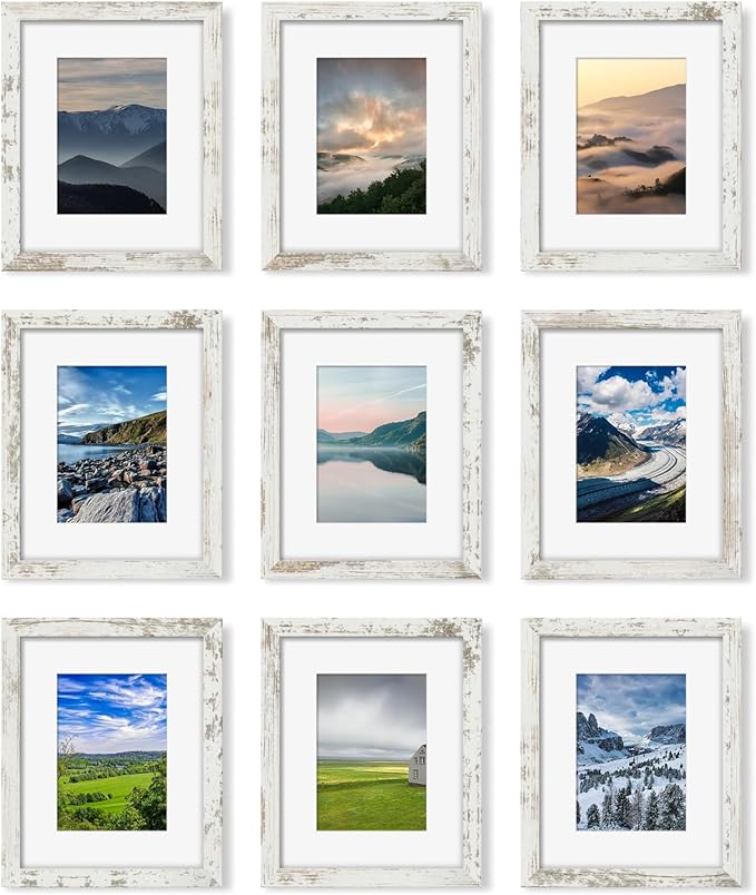 8x10 Picture Frame Set of 9, Display Pictures 5x7 with Mat or 8 x 10 Without Mat, Multi Photo Frames for Wall Mounting or Table Top Display, Distressed White