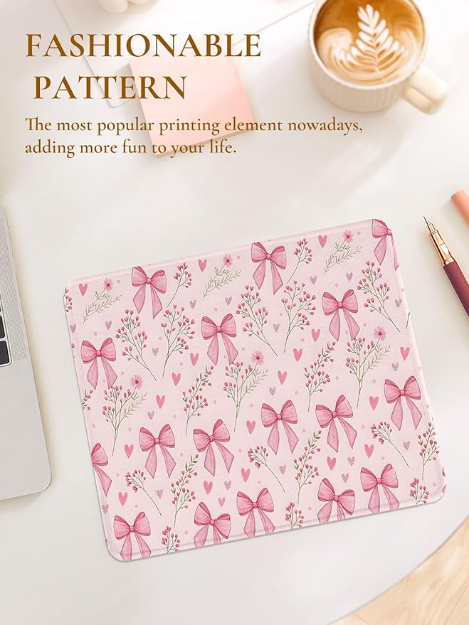 Cute Bouquet of Flowers Mouse Pad, Waterproof Aesthetics Floral Mouse Pads Design, Non-Slip Rubber Base Computer Simple Funny Mousepad,Small Mouse Mat Desk Accessories,Pink Bow