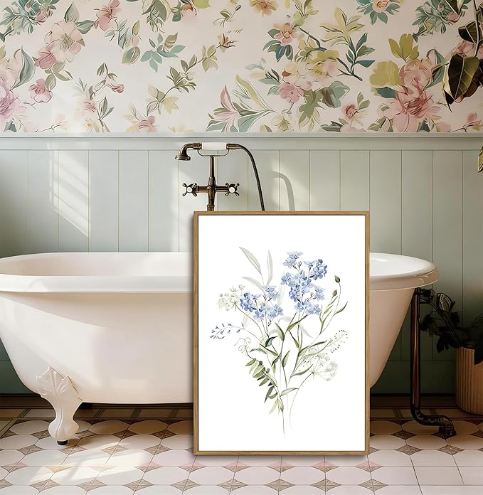 YOYIAXT 2 Pieces Watercolor Botanical Canvas Wall Art For Bedroom Blue Floral Framed Wall Art Minimalist Neutral Flower Art Prints Artwork For Living Room Office, 16x24 in