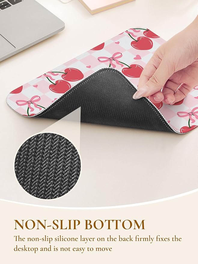 Cute Mouse Pad Red Cherries Pink Bow Heart Plaid Mousepad, Waterproof Mouse Mat Design Cloth, Non-Slip Rubber Base Computer Funny Mouse Pads, Small Mouse Pad Desk Accessories
