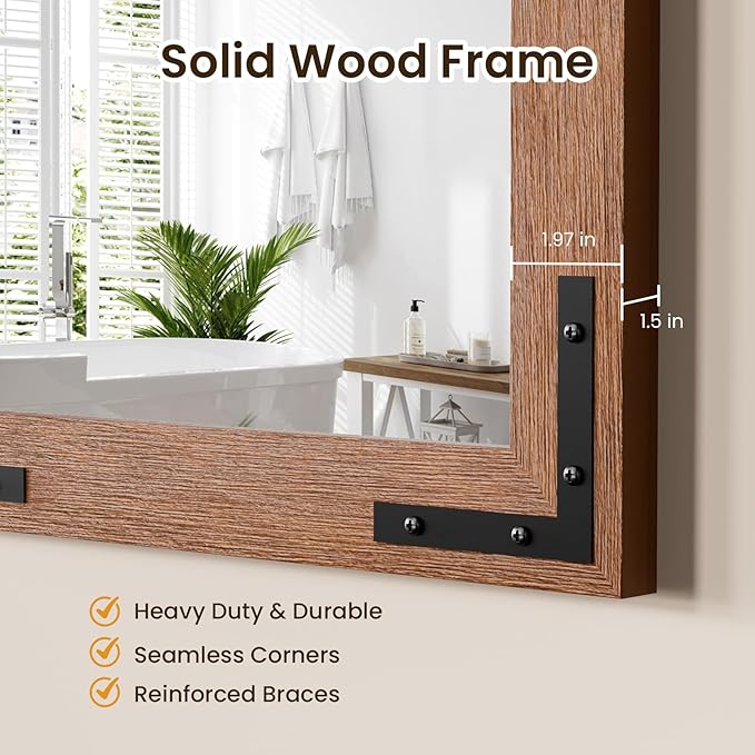 Farmhouse Bathroom Mirror,20"x28" Brown Wood Frame Rectangle Wall Mirror for Living Room Bedroom Entryway, Waterproof, Easy to Install