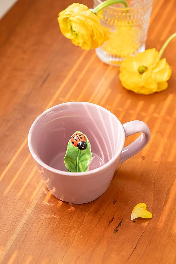 DIHOclub Ceramic Ladybug Cup Hidden 3D Animal Inside Mug，Garden series Handmade Figurine Mugs 12OZ(Pink purple)