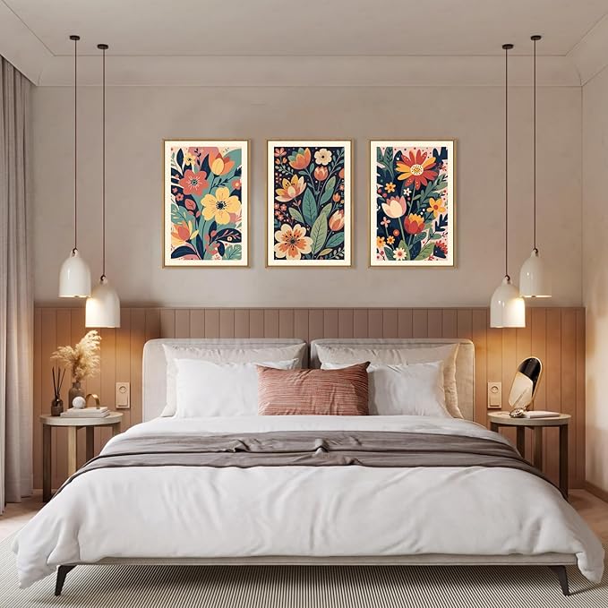 KAIRNE Vintage Colorful Floral Framed Canvas Wall Art Set of 3, Mid Century Modern Flower Wall Decor, Wildflower Plant Painting, Boho Botanical Art Prints for Living Room, Bedroom, Office, 16X24 Inch