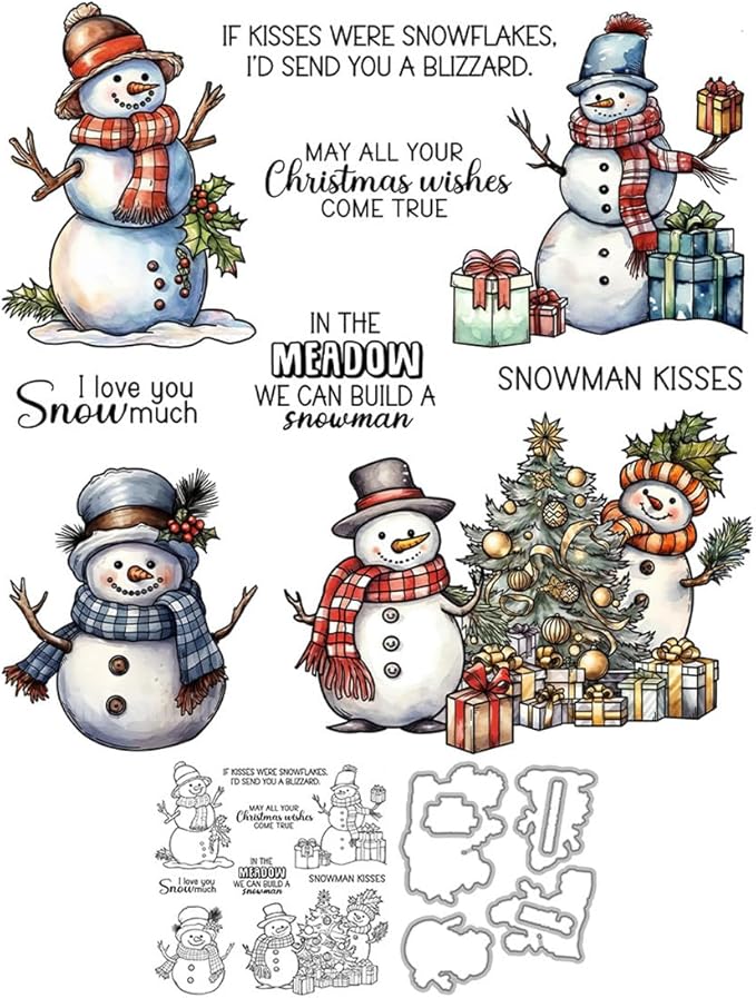 Christmas Snowman Santa Box Stamps and Cutting Dies for Card Making DIY Transparent Silicone Clear Stamp and Metal Die Cuts Sets for Scrapbooking Paper Greeting Cards Decor Seals Craft Supplies