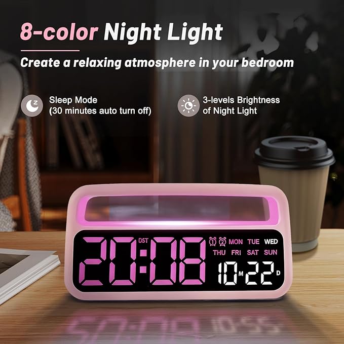 Digital Alarm Clock for Bedroom, Plug-in Digital Bedside Clock with Night Light, Large Display, Dual Alarm, Snooze, Dimmable for Adults Kids Teens, Pink