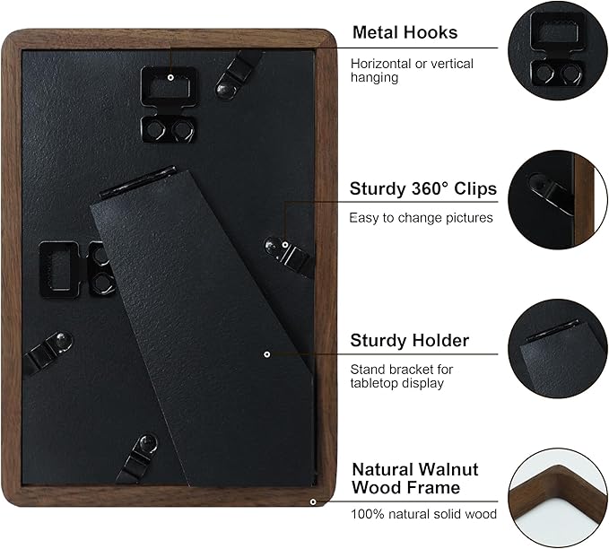 4x6 Picture Frame Natural Walnut Wood with Mat for 3.5x5, Original Natural Solid Wood 4 by 6 Photo Frames with Tempered Glass Cover for Wall and Tabletop Display
