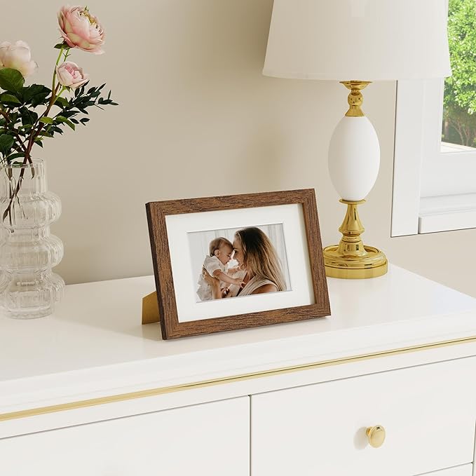 Dreamland 5x7 Picture Frame, Solid Oak Wood Photo Frame with Mat for 4x6, 5 x 7 Matted Picture Frames with Resistant Plexiglass for Wall Mounting or Tabletop, Walnut Color, Set of 1