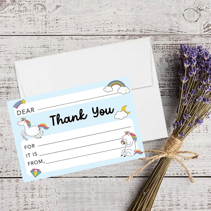 Andaz Press Kids Fill in the Blank Thank You Cards - 20 Cards Including Envelopes Rainbows Unicorn Fun Gender Neutral Note Cards For Boys Girls Birthday Thank You Notes for Friends Family Party Guests