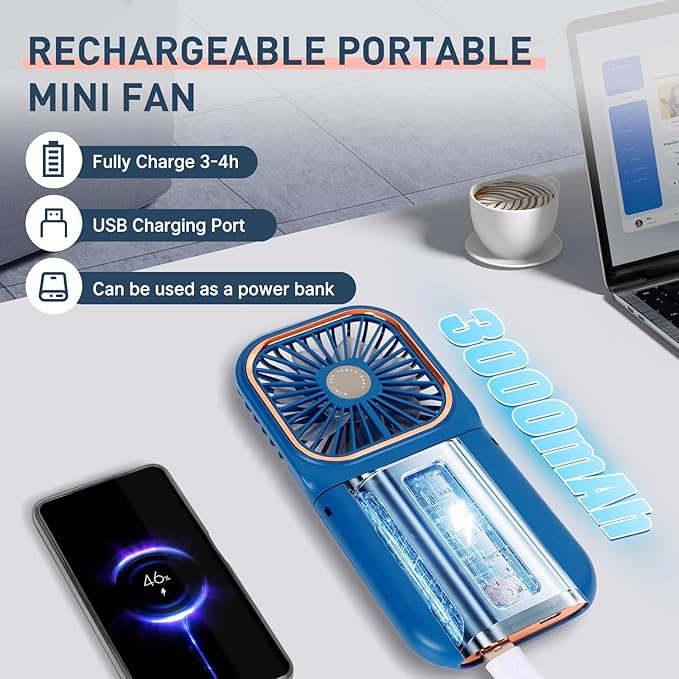 FADACHY Mini Fan, Handheld Fan Desk Fan, Small Personal Fan with 3 Speeds Neck Fan Power Bank