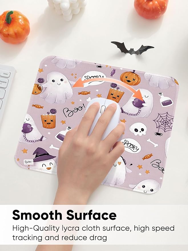 Seorsok Cute Ghost Mouse Mat,Halloween Pumpkin Decor Mouse Pads for Office Laptop,Washable Square Cute Mousepads with Extended Stitched Edges Non Slip Rubber Base 9.5"x7.8"x0.12" Inch,Purple