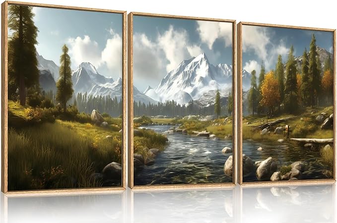 Large Watercolor Snow Mountain Framed Canvas Wall Art,Modern River Grassland Wall Decor,Natural Green Forest Artwork,Neutral Wood Landscape Art Print for Living Room,Bedroom,Office- 24"x36"x3