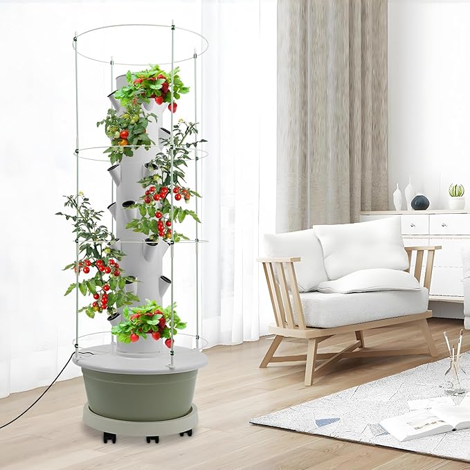 Hydroponic Growing Tower Kit, 7-Tier 28 Plant Hydroponic Indoor Vertical Garden with Climbing Trellis & Timer, Vertical Hydroponics System for Lettuce, Strawberries, Herbs, Vegetables, White