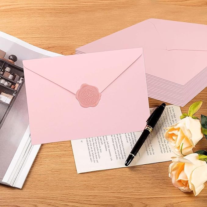 20 Pack Pink Envelopes 4x6 for Invitation, A4 Invitation Envelope with Wax Seal Sticker for Birthday, Weddings, Graduations, Greeting Cards, Baby Shower Invite