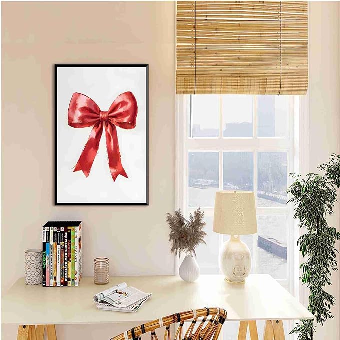 Framed Canvas Wall Art Vintage Red Christmas Bow Wall Art Winter Home Decor Red Bow Print Holiday Christmas Decor 12x18in Metal blackFramed
