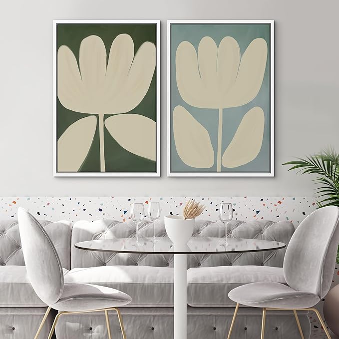 SIGNWIN Framed Canvas Print Wall Art Set Minimalist Floral Neutral Beige Flower Illustrations Modern Art Minimal Boho Colorful for Living Room, Bedroom, Office - 16"x24"x2 WHITE