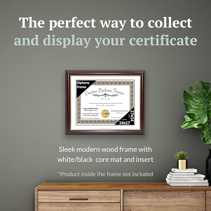 Creative Picture Frames 14x17 Mahogany Gold Rim Diploma Frame with White Mat Glass and Installed Wall Hangers | Frame Holds 16x20 Media without Mat
