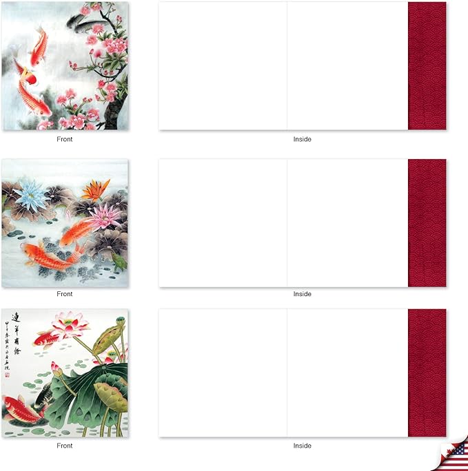 The Best Card Company - 10 All Occasion Blank Cards (4 x 5.12 Inch) - Nautical, Ocean, Sea Life Assortment of Notecards - On Goldfish Pond MQ4944OCB-B1x10