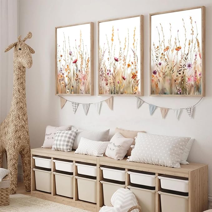 3Pcs Nursery Botanical Floral Wall Art Boho Wildflower watercolor Bouquet Canvas Wall Decor Pictures Forest Flower Posters Prints for Living Room Classroom Baby Bedroom Decoration Unframed