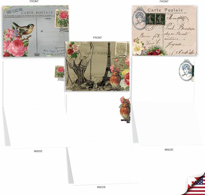 The Best Card Company - 10 Retro Blank Cards with Envelopes (4 x 5.12 Inch) - Artistic Boxed Assortment, Vintage Note Cards - Parisian Postcards M2355OCB