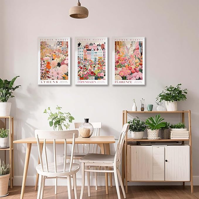 XLARTMY Flower Market Wall Art Print Canvas Framed Pink Floral Paintings Colorful Botanical Sunflower Artwork Travel Poster for Decor Picture 3 pieces for Living Room Bedroom Bathroom 16x24in