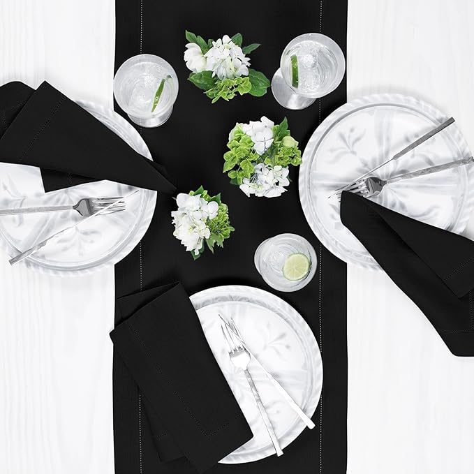 Solino Home Linen Hemstitch Table Runner 108 Inches Long - 100% Pure Linen Black Table Runner 16 x 108 Inch for Fall, Autumn, Halloween, Thanksgiving, Holiday - Classic Hemstitch