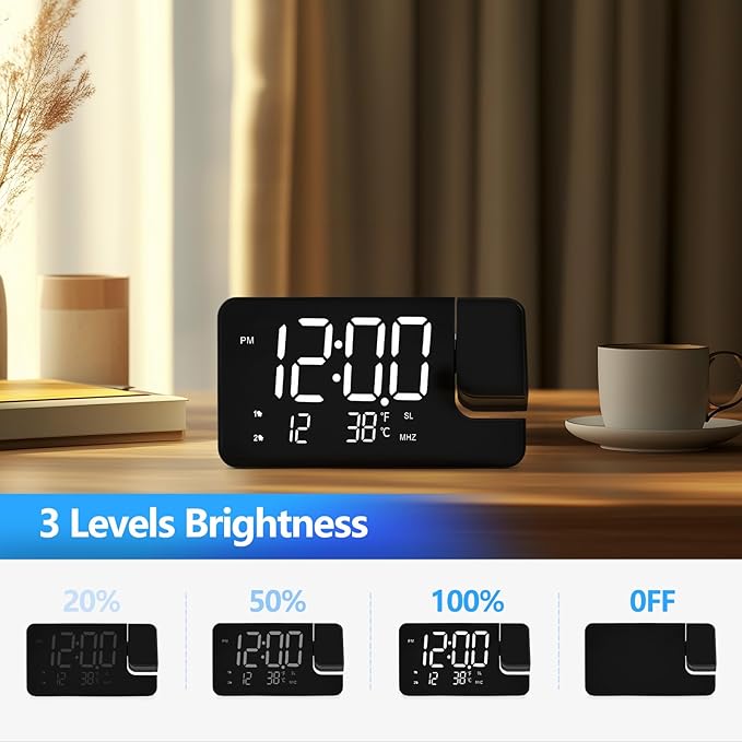 Projection Alarm Clock for Bedroom-Alarm Clock Radio with 180° Rotatable Projector LED Display, Dual Alarm,Dimmer for Kids Elderly,Heavy Sleepers,Snooze,12/24H,DST