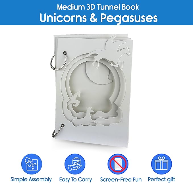 MAKE YOUR OWN 3D TUNNEL BOOK - UNICORNS & PEGASUSES | Medium Size DIY Book Art & Craft Kit | Build, Paint & Draw Your Own Book with Mini Animals | Award-Winning STEAM Stationary Set | Ages 3+