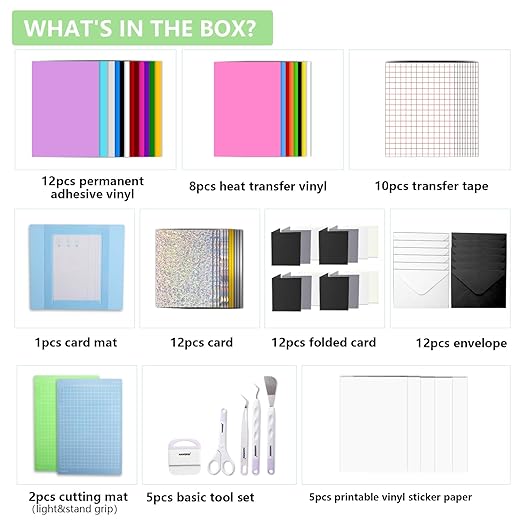 Ultimate Accessories Bundle Compatible with Joy Xtra,Makers and All Explore Air,79pcs Craft Starter Kit with Heat Transfer Vinyl,Permanent Adhesive Vinyl,Card Kit,Card Mat,Weeding Tools