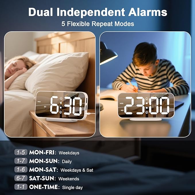 ALANAS Digital Alarm Clock for Bedrooms, Dual Alarms with Snooze, Big LED Mirror Display, 4-Level Dimmer & 2 USB Ports, Plug in Clocks, Aesthetic Modern Desk Clock for Home Office, Gift