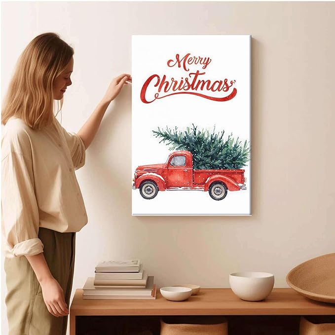 Framed Canvas Wall Art Christmas Truck Print Red Vintage Pickup Truck Christmas Tree Home Decor Holiday Wall Art Watercolor Painting 8x12in Wood Framed