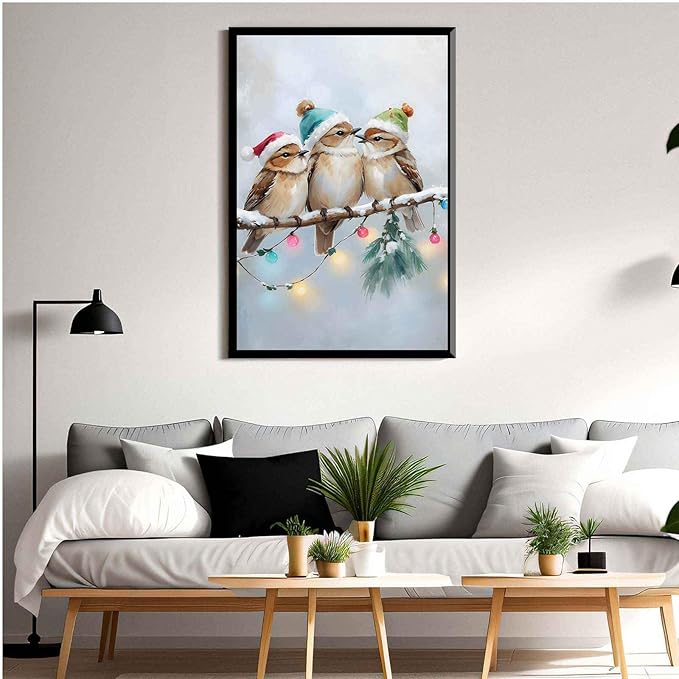 Framed Canvas Wall Art Christmas Birds Winter Art Print Wall Art Holiday Poster Trendy Christmas Decor 24x36in Metal blackFramed
