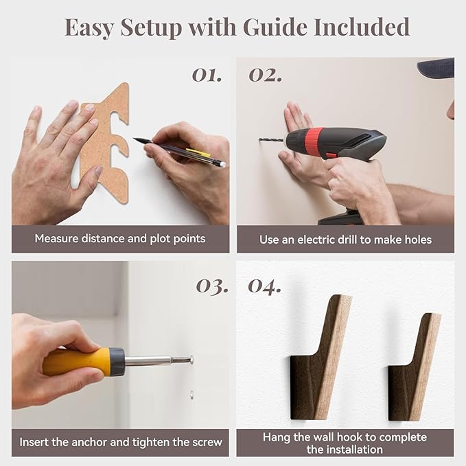 4Pcs Wooden Hooks for Hanging - Dark Walnut Coat Style, Cute & Funky Practical Design, Decorative Boho Towel Hooks, Suitable for Entryway, Bathroom, Kitchen, Holds Hats, Backpacks, Jackets