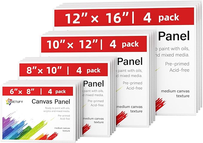 Simetufy 16 Pcs 4 Sizes Painting Canvas Boards 4 Each of 6x8, 8x10, 10x12, 12x16, 100% Cotton Blank Paint Canvas Panels for Oil Acrylic Watercolor, Acid-Free for Kids & Artists Gift