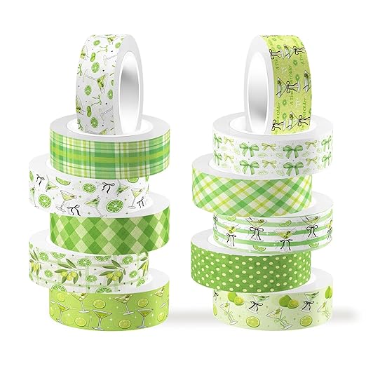12 Rolls Greenery Washi Tape, Martini Bow Lemon Masking Tape, Checkered Martini Glass Decorative Sticker for Christmas Party Afternoon Tea Scrapbook Journal DIY Craft Gift Wraps 16.4FT