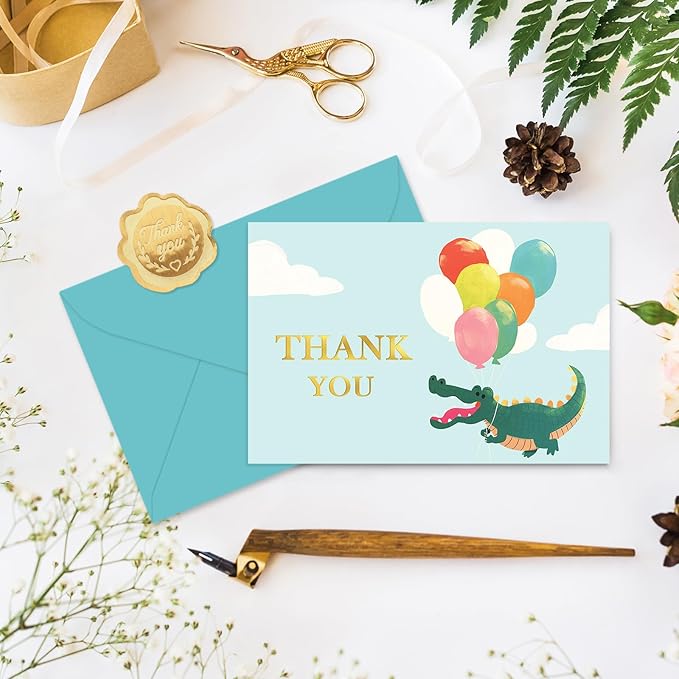 Whaline 24 Pack Alligator Birthday Thank You Cards Greeting Cards Gold Foil Blank Note Card with Envelopes Stickers for Boy Baby Shower Gender Reveal, 4 x 6 Inch