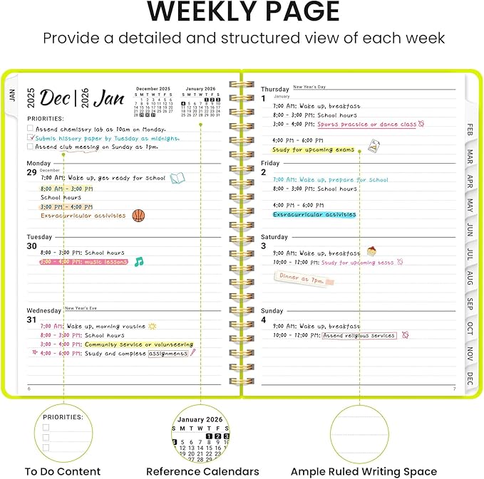 2026 Planner, Weekly and Monthly Calendar Planner for Women, Jan 2026 - Dec 2026, Hardcover Planning Agenda book with Tabs, Spiral Bound, Inner Pocket, Perfect for School Office Supplies, 6.3" x 8.5" - Lemon Yellow