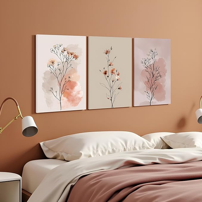 okudolit Boho Vintage Flower Wall Art Set of 3 Minimalist Floral Botanical Prints Rustic Wildflower Wall Decor Beige and Pink Neutral Plant Painting for Living Room Bedroom Office-16x24in