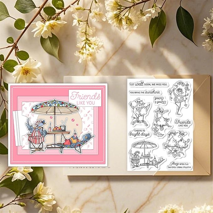 Friendship Birds Afternoon Tea Stamps and Cutting Dies for Card Making DIY Transparent Silicone Clear Stamp and Metal Die Cuts Sets for Scrapbooking Paper Greeting Cards Decor Seals Craft Supplies